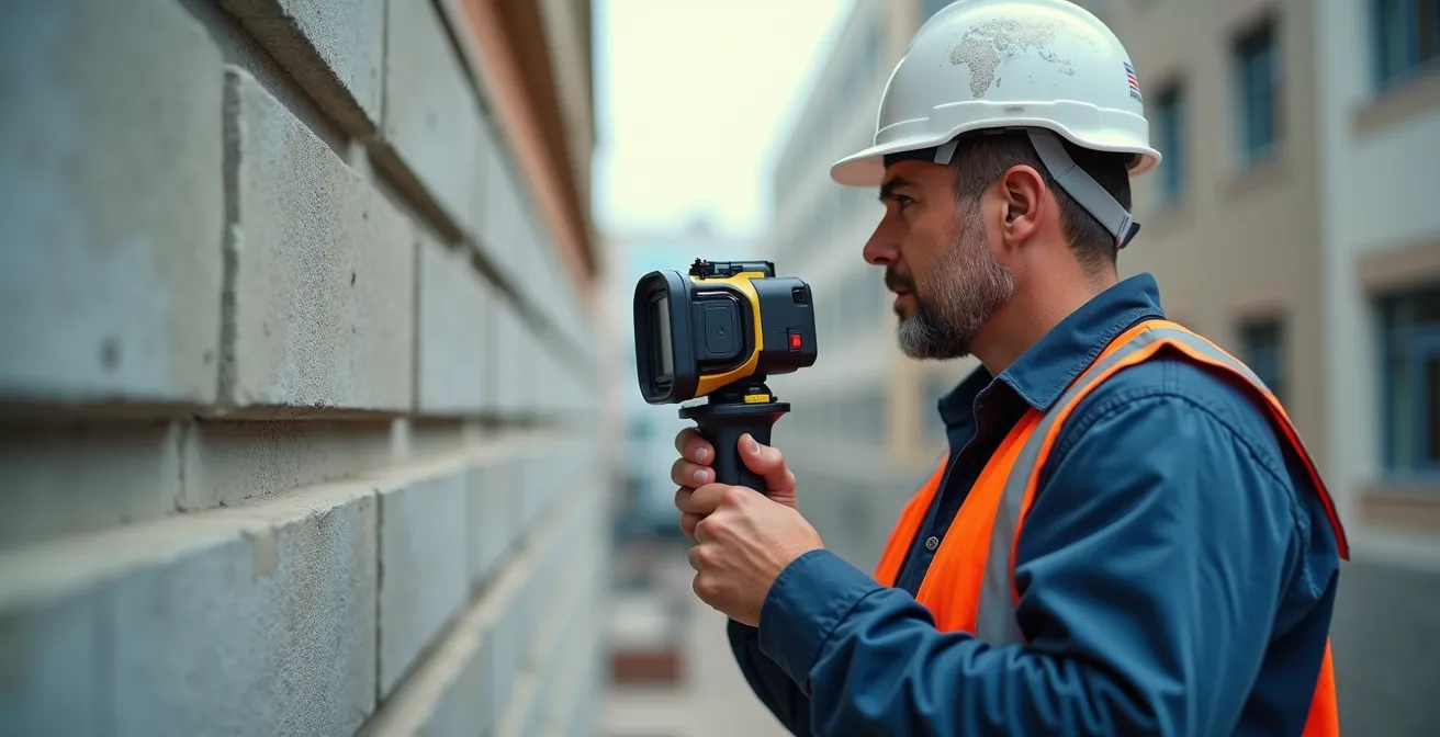 Expert réalisant un diagnostic technique approfondi d'une structure immobilière pour identifier les vices cachés et pathologies structurelles