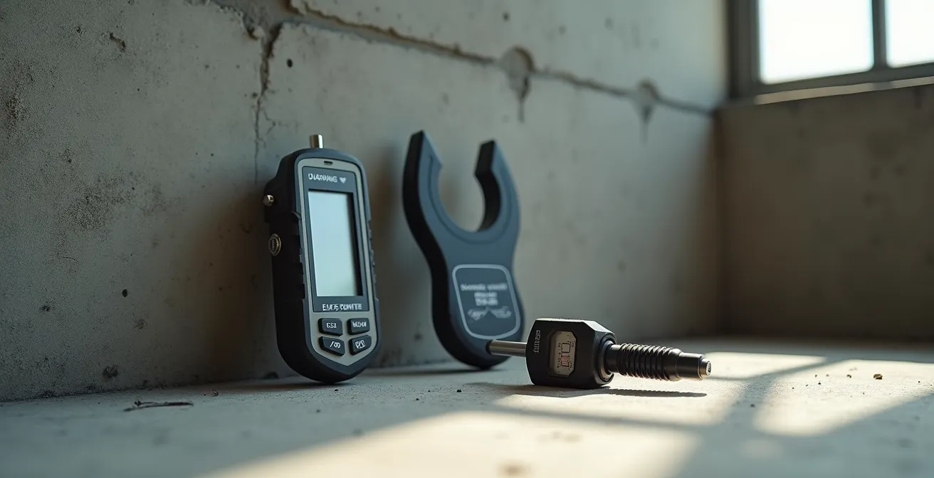 Ensemble d'instruments techniques de diagnostic utilisés pour tester la résistance du béton et localiser les armatures dans les structures