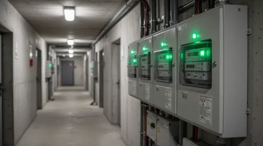 Tableau électrique parties communes avec voyants lumineux dans local technique copropriété