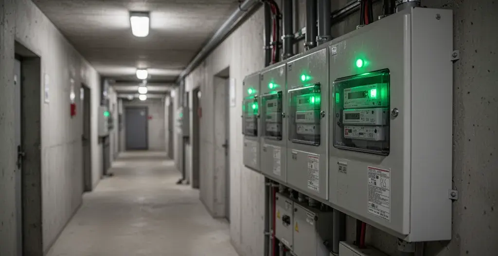 Tableau électrique parties communes avec voyants lumineux dans local technique copropriété