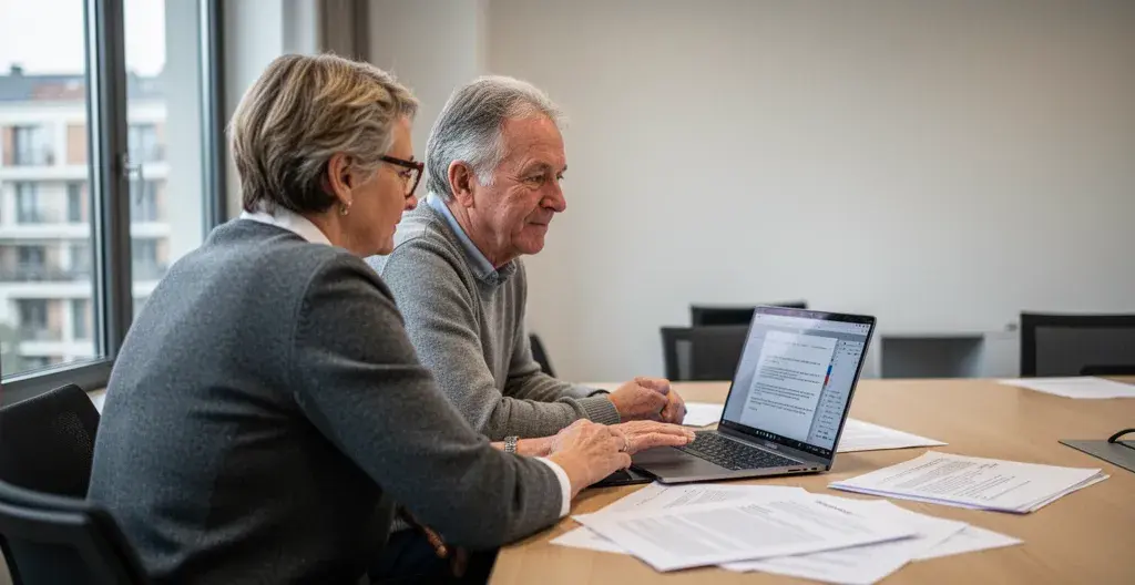 Deux membres du conseil syndical analysant facture électricité sur ordinateur