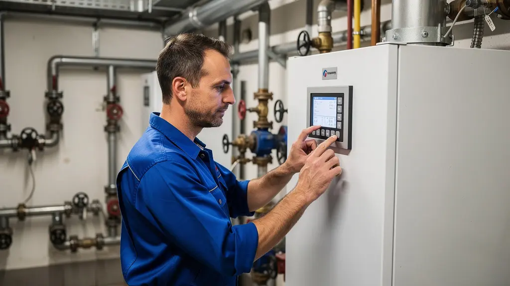 Technicien chauffagiste inspectant une chaudière gaz collective pour optimiser les charges de copropriété