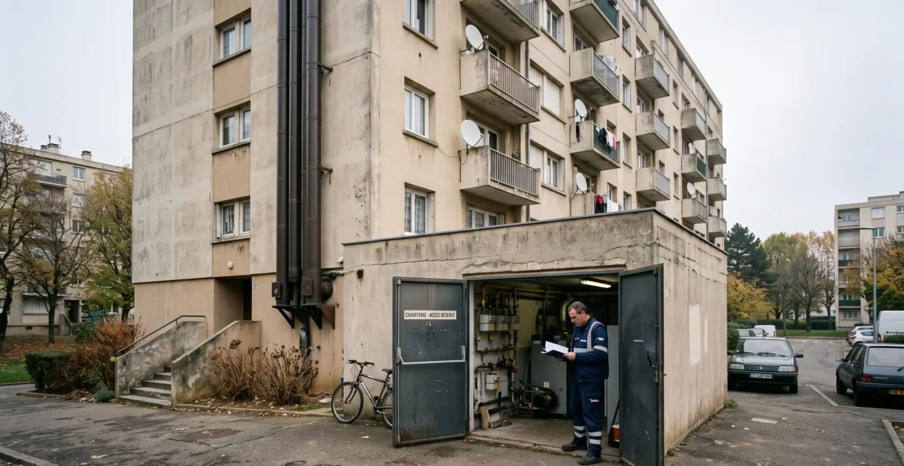 Un technicien devant la chaufferie collective d'un immeuble résidentiel français.