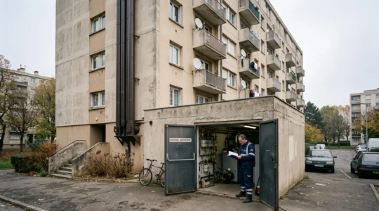 Un technicien devant la chaufferie collective d'un immeuble résidentiel français.