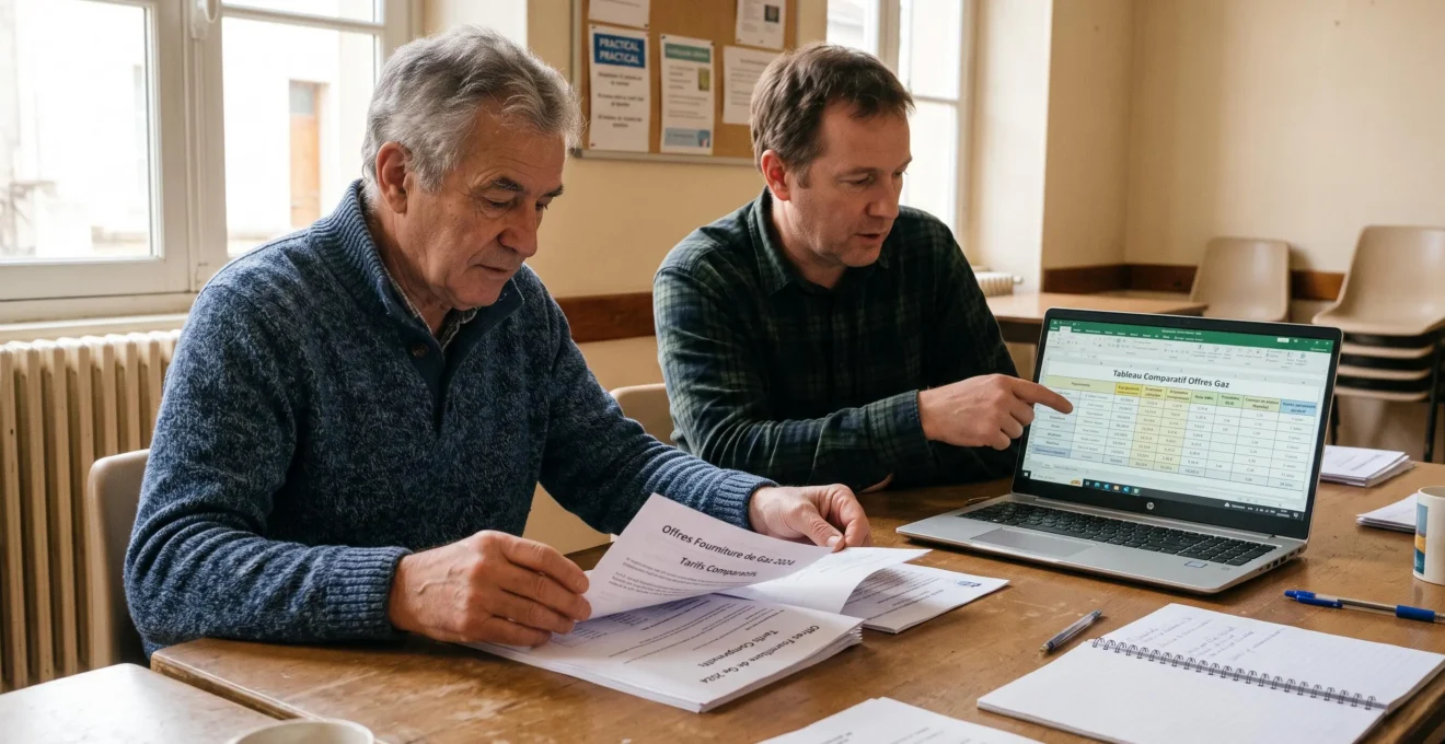 Des membres de copropriété comparent des offres de gaz autour d'une table.