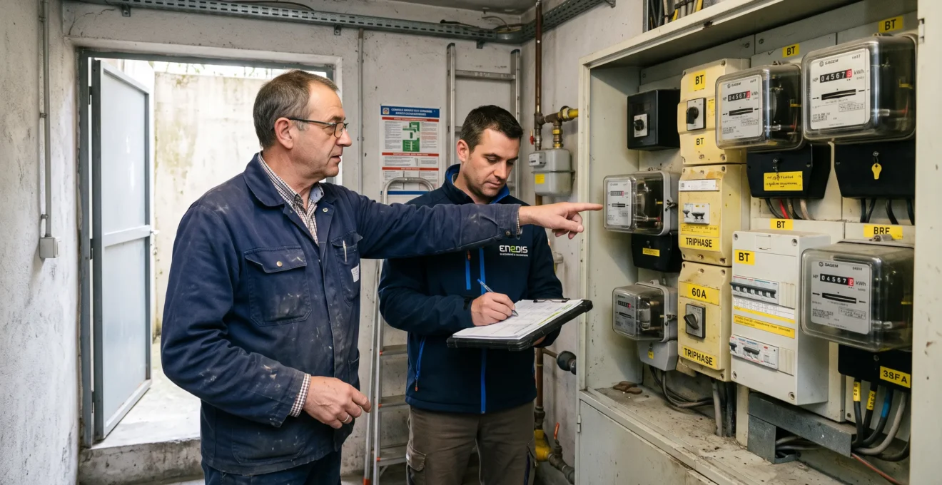 Deux hommes examinent le compteur électrique principal d'un immeuble en copropriété.
