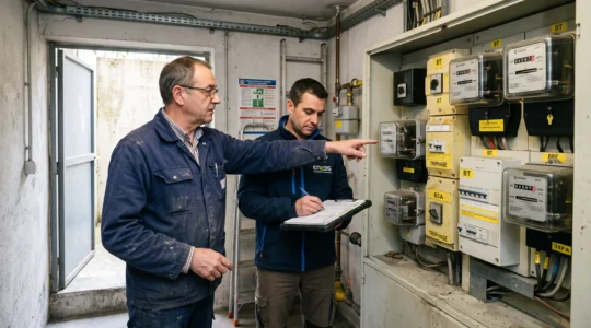 Deux hommes examinent le compteur électrique principal d'un immeuble en copropriété.
