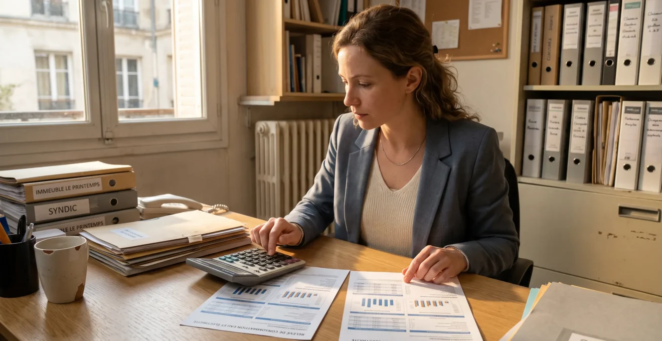 Une gestionnaire compare deux relevés de consommation énergétique sur son bureau.