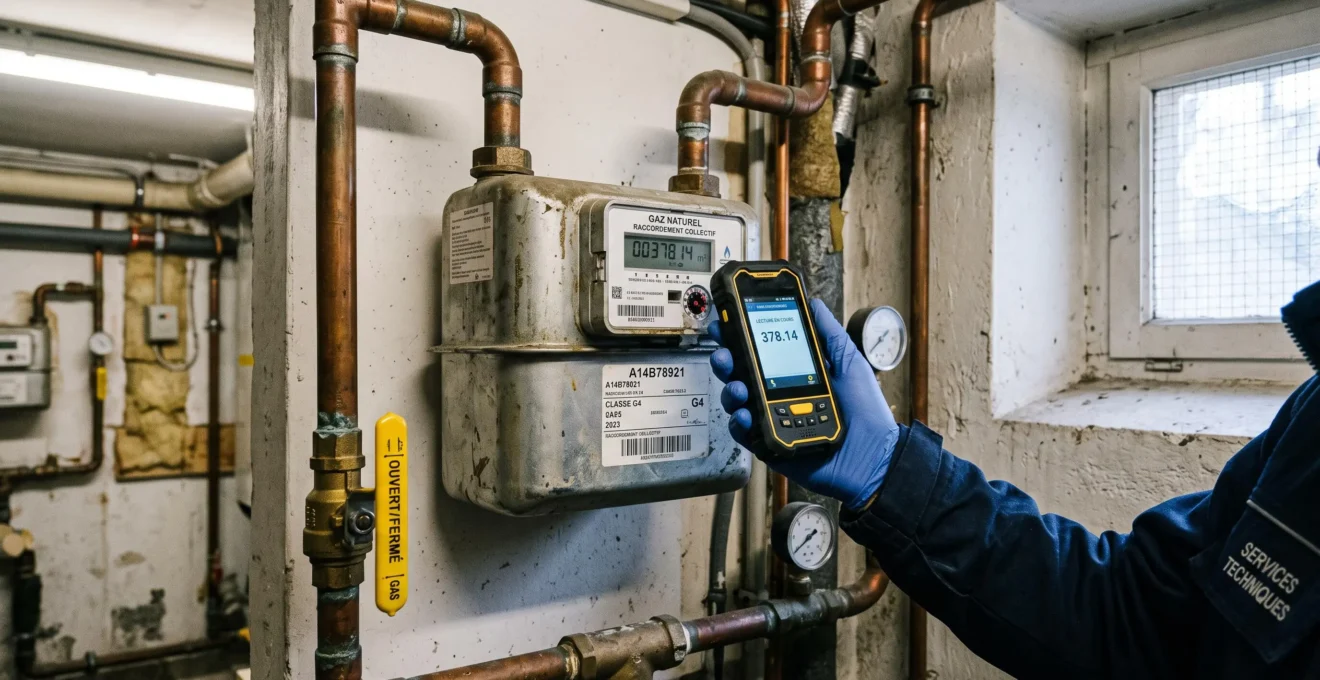 Un relevé de compteur de gaz collectif dans une chaufferie d'immeuble.